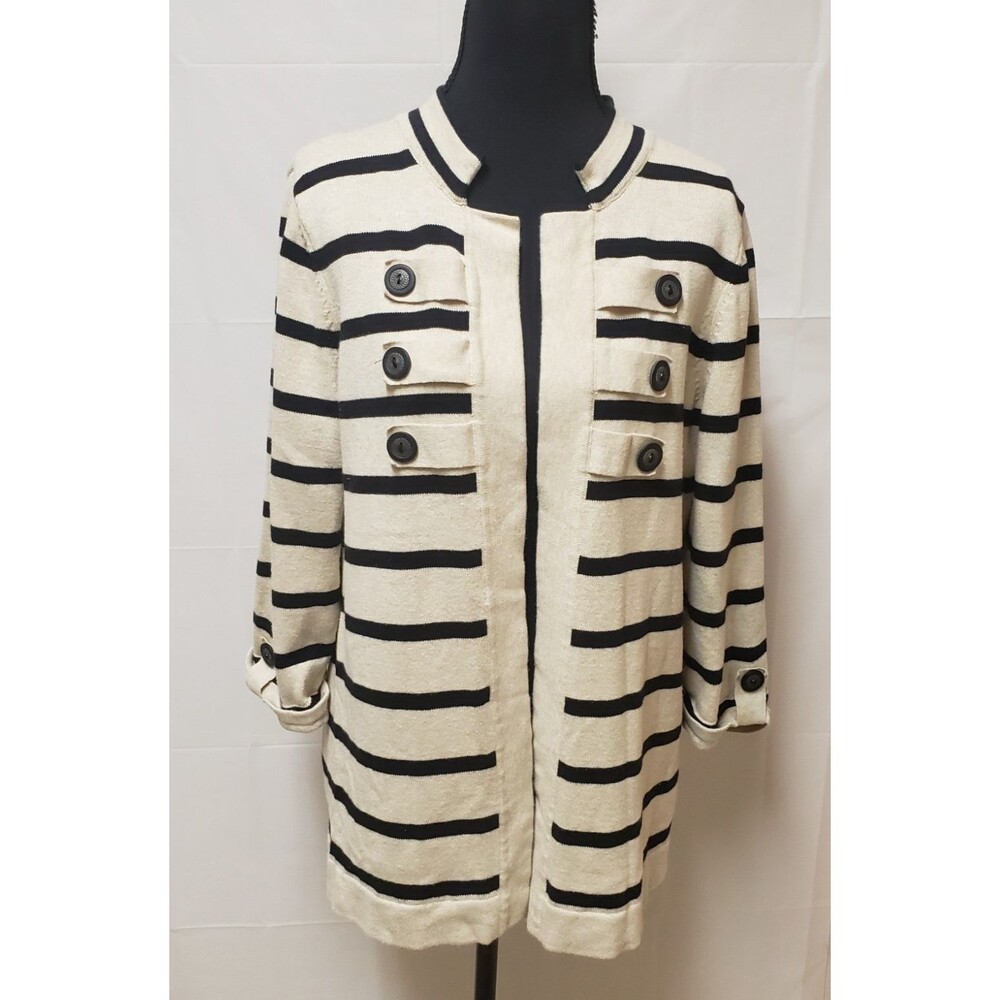 Christopher & Banks Double Breasted Knit Oatmeal Black Stripes Cardigan L NWOT